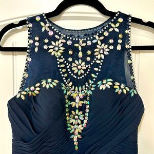 Hand beaded, navy chiffon and satin Formal dress
